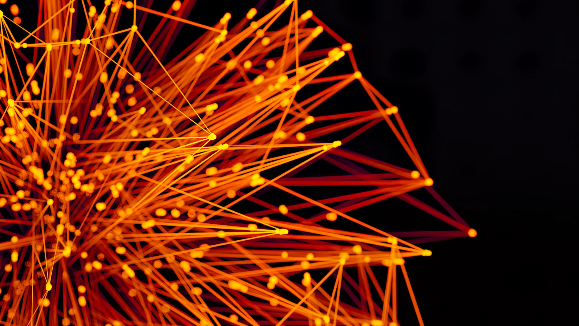 Vibrant abstract network of glowing orange lines on dark background